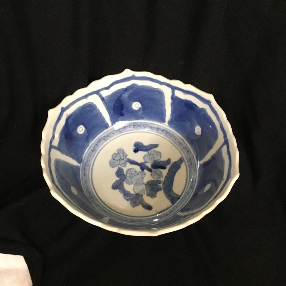 Vintage Asian Blue and White Loquat Kangaroo Rabbit ? Porcelain Bone China Bowl